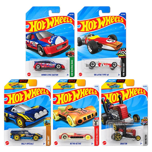 Hot Wheels 1:64 Die-Cast 5-Car Combo Set – Honda Civic Custom, ’68 Lotus Type 49, Rally Speciale, Retro-Active & Dragtor – Collectible Toy Cars