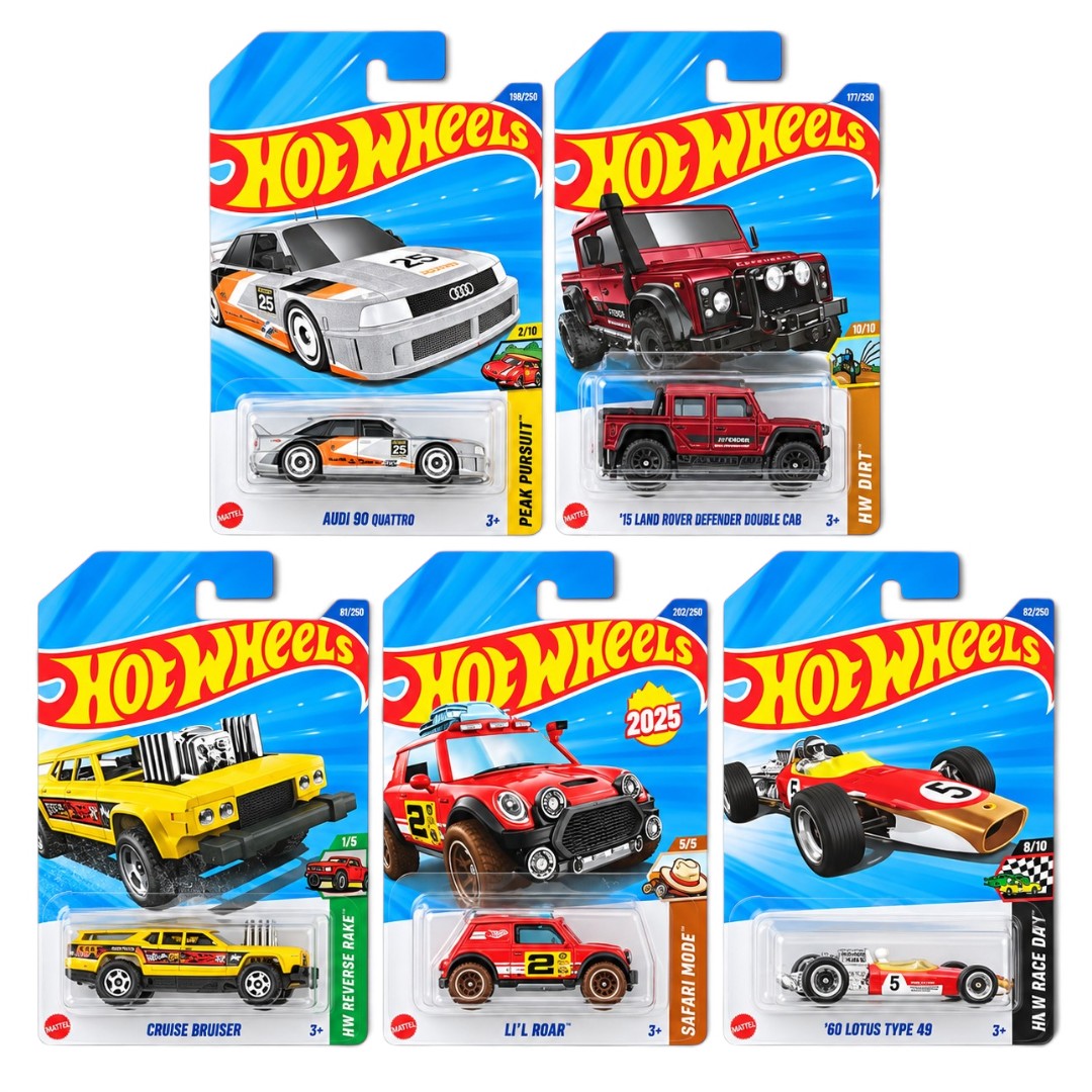 Hot Wheels 1:64 5-Car Die-Cast Set – Audi 90 Quattro, ’15 Land Rover Defender Double Cab, Cruise Bruiser, Lil’ Roar & ’68 Lotus Type 49