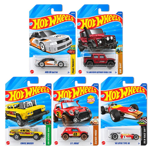 Hot Wheels 1:64 5-Car Die-Cast Set – Audi 90 Quattro, ’15 Land Rover Defender Double Cab, Cruise Bruiser, Lil’ Roar & ’68 Lotus Type 49