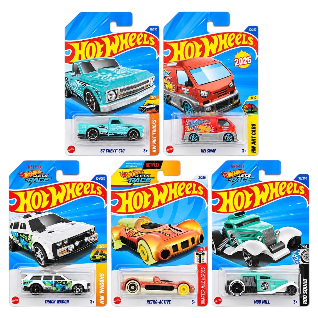 Hot Wheels 1:64 Die-Cast 5-Car Combo Set – ’67 Chevy C10, Kei Swap, Track Dwagon, Retro-Active & Mid Mill – Collectible Toy Cars