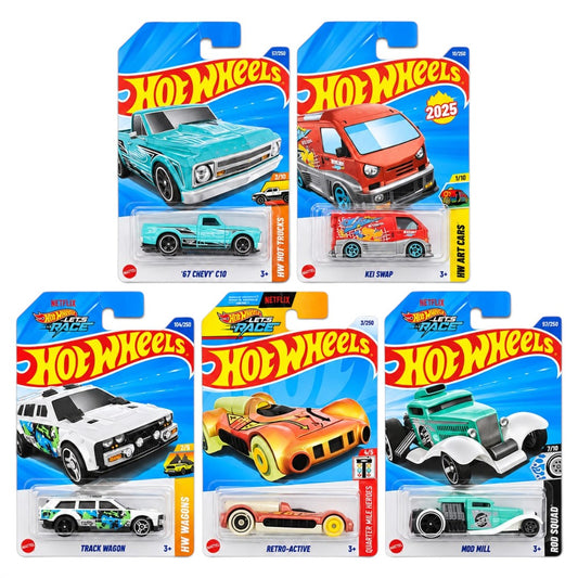 Hot Wheels 1:64 Die-Cast 5-Car Combo Set – ’67 Chevy C10, Kei Swap, Track Dwagon, Retro-Active & Mid Mill – Collectible Toy Cars