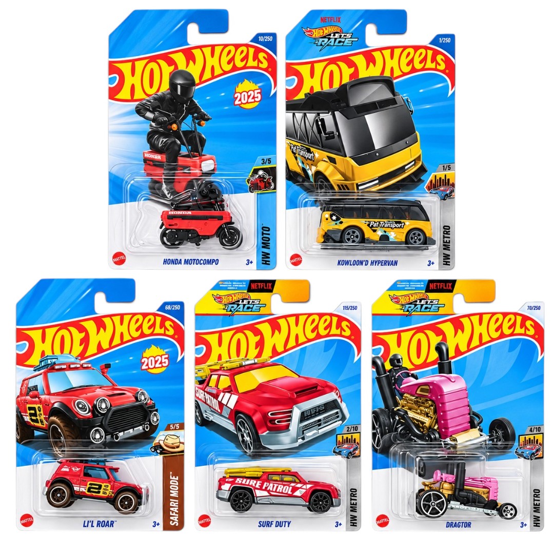 Hot Wheels 1:64 Die-Cast 5-Vehicle Combo Set – Honda Motocompo, Kowloon’d Hypervan, Lil’ Roar, Surf Duty & Dragtor – Collectible Models