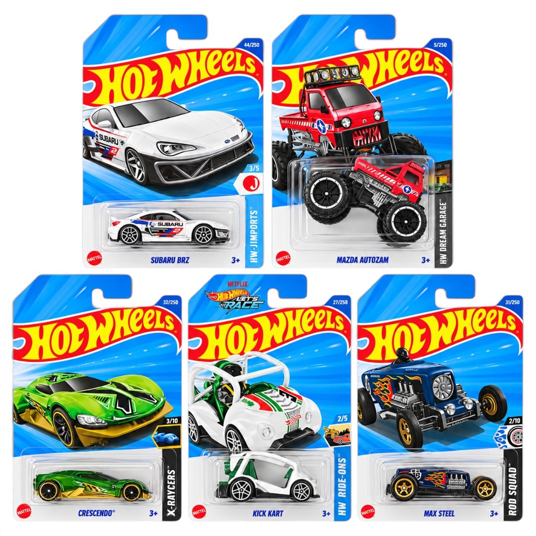 Hot Wheels 1:64 Die-Cast 5-Car Combo Set – Subaru BRZ, Mazda Autozam, Crescendo, Kick Kart & Max Steel – Collectible Toy Cars