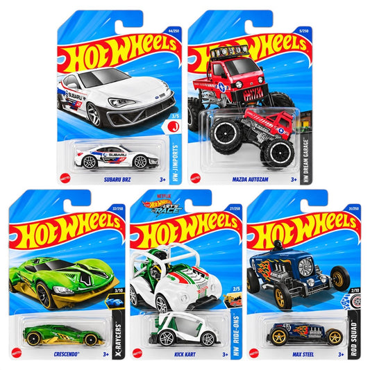 Hot Wheels 1:64 Die-Cast 5-Car Combo Set – Subaru BRZ, Mazda Autozam, Crescendo, Kick Kart & Max Steel – Collectible Toy Cars