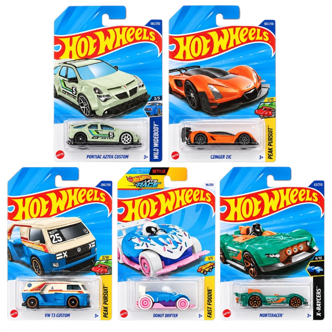 Hot Wheels 1:64 Die-Cast 5-Car Combo Set – Pontiac Aztek Custom, Czinger 21C, VW T3 Custom, Donut Drifter & MonteRacer – Collectible Cars