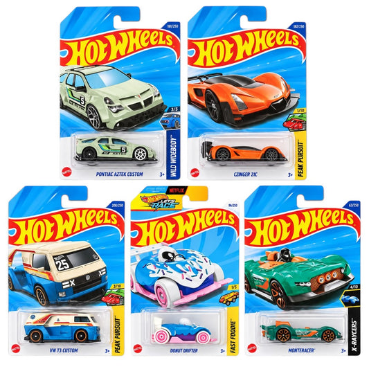 Hot Wheels 1:64 Die-Cast 5-Car Combo Set – Pontiac Aztek Custom, Czinger 21C, VW T3 Custom, Donut Drifter & MonteRacer – Collectible Cars