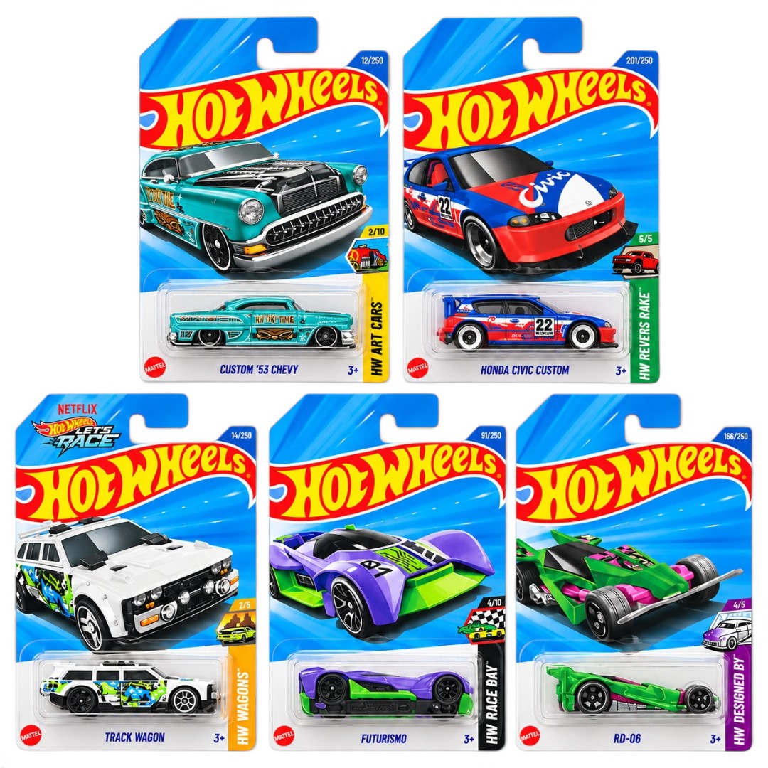 Hot Wheels 1:64 Die-Cast 5-Car Combo Set – Custom ’53 Chevy, Honda Civic Custom, Track Dwagon, Futurismo & RD-06 – Collectible Cars
