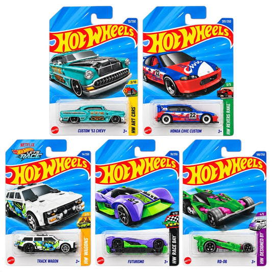 Hot Wheels 1:64 Die-Cast 5-Car Combo Set – Custom ’53 Chevy, Honda Civic Custom, Track Dwagon, Futurismo & RD-06 – Collectible Cars