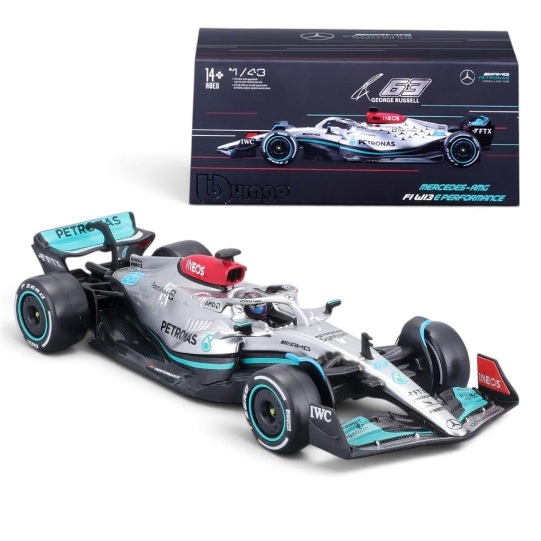 Bburago 1:43 Mercedes W13 #63 George Russell 2022 – Diecast F1 Model (Silver)