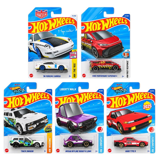 Hot Wheels 1:64 5-Car Die-Cast Set – ’96 Porsche Carrera, Ford Performance Supervan 4, Track Dwagon, Nissan Skyline 2000GT-R LBWK & Hako Type D