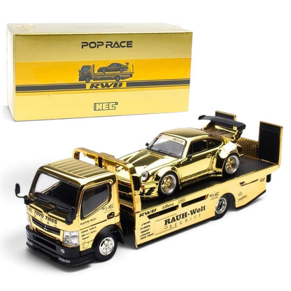 POP RACE 1:64 RWB 930 & PANDEM FUSO-300 Flatbed Transporter Gold S-SET4 Diecast Model Set