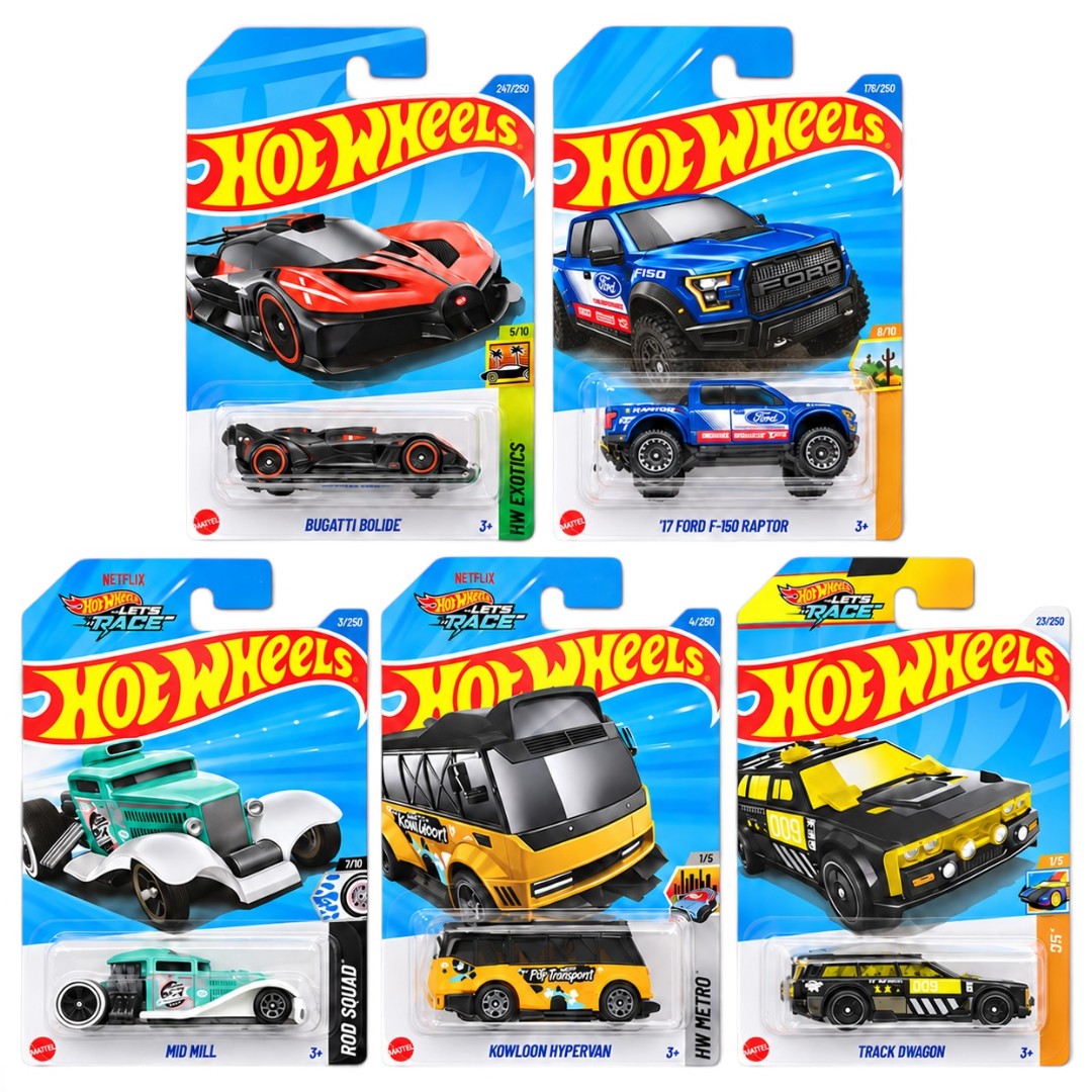 Hot Wheels 1:64 5-Car Die-Cast Set – Bugatti Bolide, ’17 Ford F-150 Raptor, Mid Mill, Kowlown Hypervan & Track Dwagon