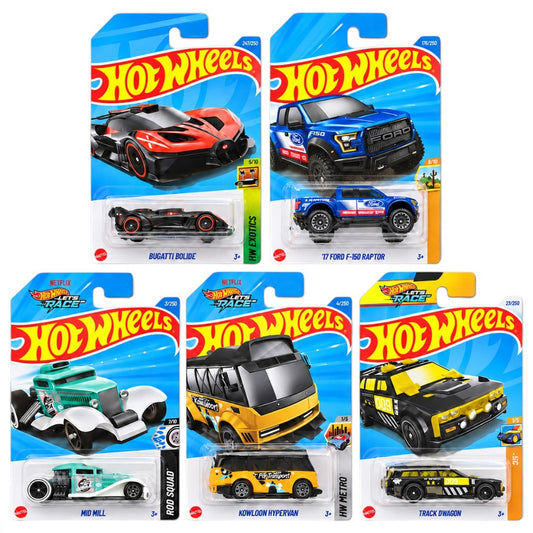 Hot Wheels 1:64 5-Car Die-Cast Set – Bugatti Bolide, ’17 Ford F-150 Raptor, Mid Mill, Kowlown Hypervan & Track Dwagon