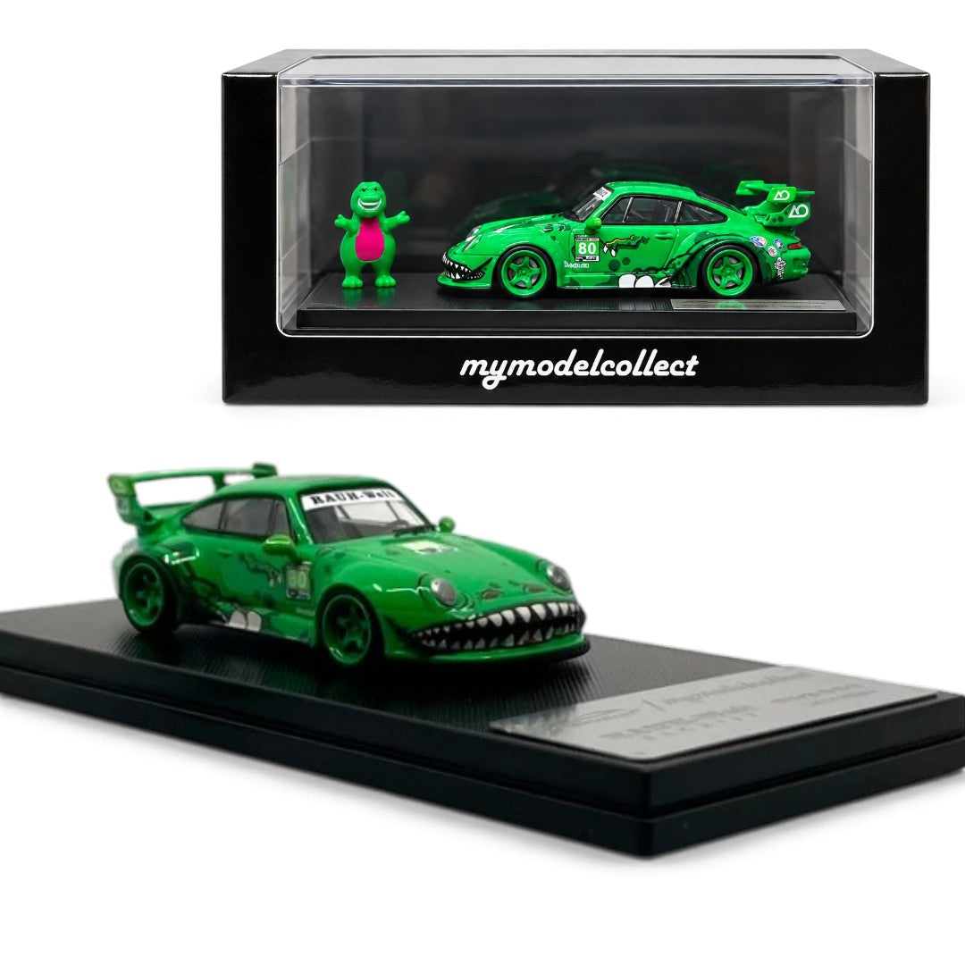 MyModelCollect 1:64 Porsche 911 RAUH-Welt Begriff (RWB) #80 Green Diecast Model Car with Dinosaur Figure & Display Case