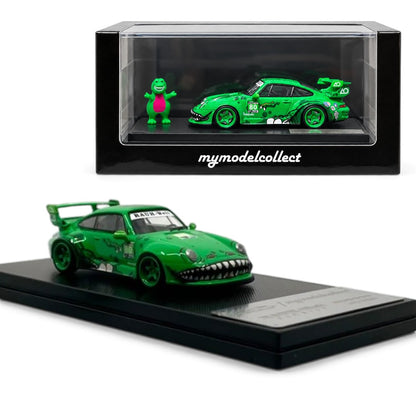 MyModelCollect 1:64 Porsche 911 RAUH-Welt Begriff (RWB) #80 Green Diecast Model Car with Dinosaur Figure & Display Case