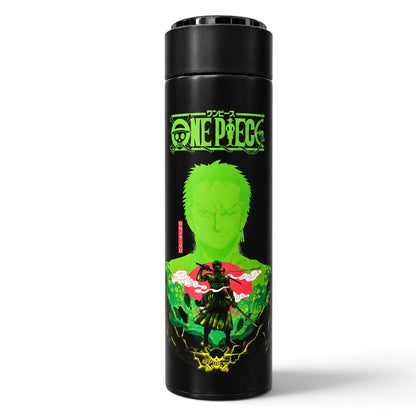 One Piece Roronoa Zoro 500ml Stainless Steel Vacuum Flask with LED Temperature Display & Tea Strainer – Black & Green