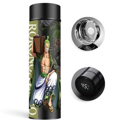 Zoro 500 ml bottle, One Piece water bottle, anime temperature display bottle, Roronoa Zoro drink bottle, anime tea strainer bottle, character print water bottle, manga fan gift, digital temperature lid bottle