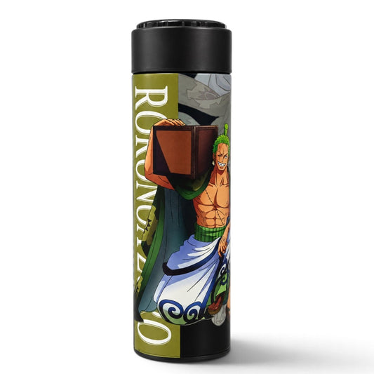 Zoro 500 ml bottle, One Piece water bottle, anime temperature display bottle, Roronoa Zoro drink bottle, anime tea strainer bottle, character print water bottle, manga fan gift, digital temperature lid bottle