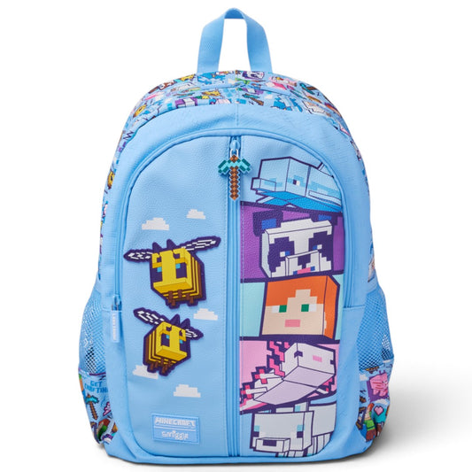 Smiggle Minecraft 16 Inch Kids Backpack – Blue School Bag with Character Graphics, Dual Zip Design & Side Mesh Pockets
