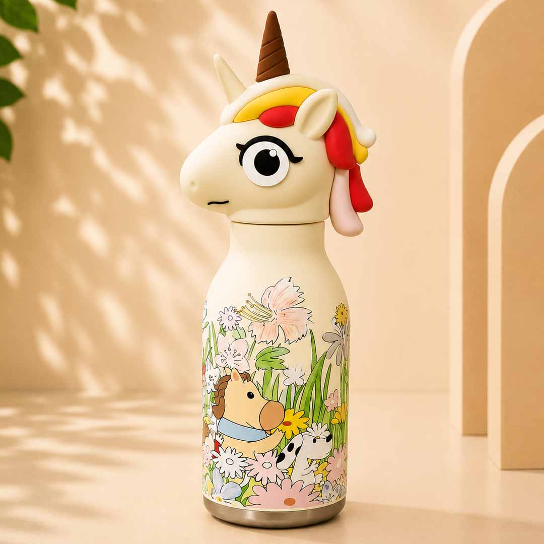 AFRESH 365 Animal Head Collection Unicorn Stainless Steel Vacuum Insulated Water Bottle 450ml (16oz) with Straw & Cleaning Brush