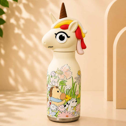 AFRESH 365 Animal Head Collection Unicorn Stainless Steel Vacuum Insulated Water Bottle 450ml (16oz) with Straw & Cleaning Brush