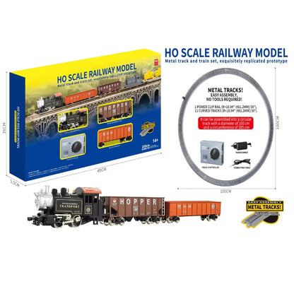 HANFLY Scale Electric Steam Locomotive Train Set 1:87 with Metal Tracks | Alloy Engine, Cargo Wagon, Speed Controller | Classic Railway Model Toy Gift