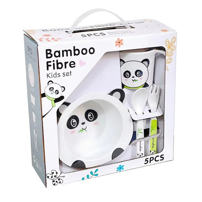 Bamboo Fibre Kids 5-Piece Panda Dinner Set with Plate, Bowl, Cup, Spoon & Fork | Cute Cartoon Feeding Tableware Set for Boys & Girls | Lightweight Reusable Kids Meal Set for Breakfast, Lunch & Dinner