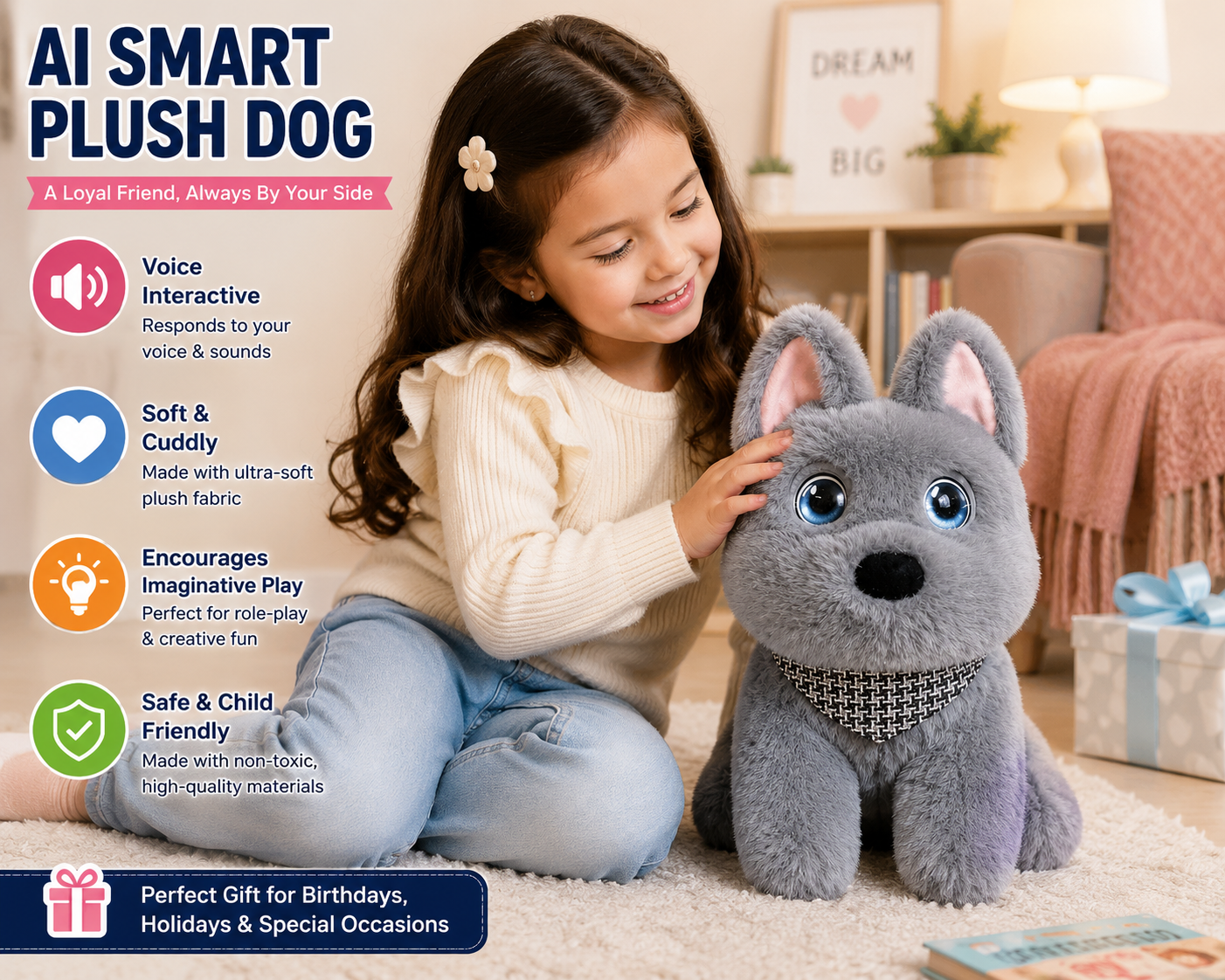 Breatoi! AI Smart Interactive Plush Dog Toy with Voice Interaction, Soft Stuffed Puppy Companion, Talking & Sound Responsive Plush Animal for Kids | Gift for Boys & Girls 3+ Years - Grey