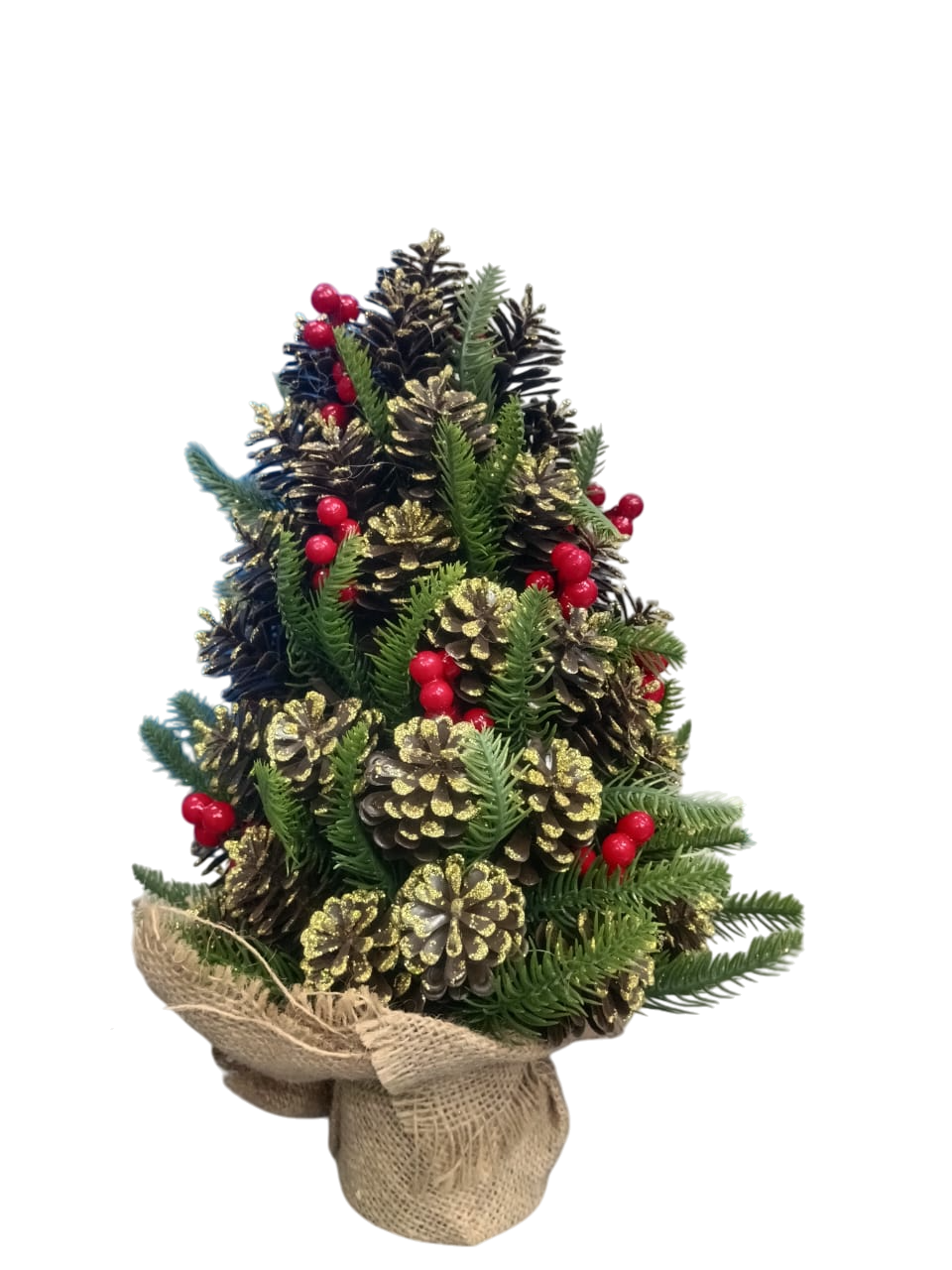 Mini Pinecone Christmas Tree 35cm | Tabletop Decoration with Red Berries & Jute Base – Holiday Accent Décor