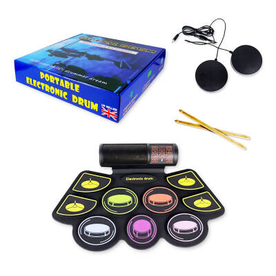 Portable Electronic Roll-Up Drum Set with 9 Drum & Cymbal Pads, Drumsticks, Dual Foot Pedals, Built-In Speaker & Control Panel | Digital Practice Drum Kit Musical Instrument for Kids, Beginners & Music Lovers