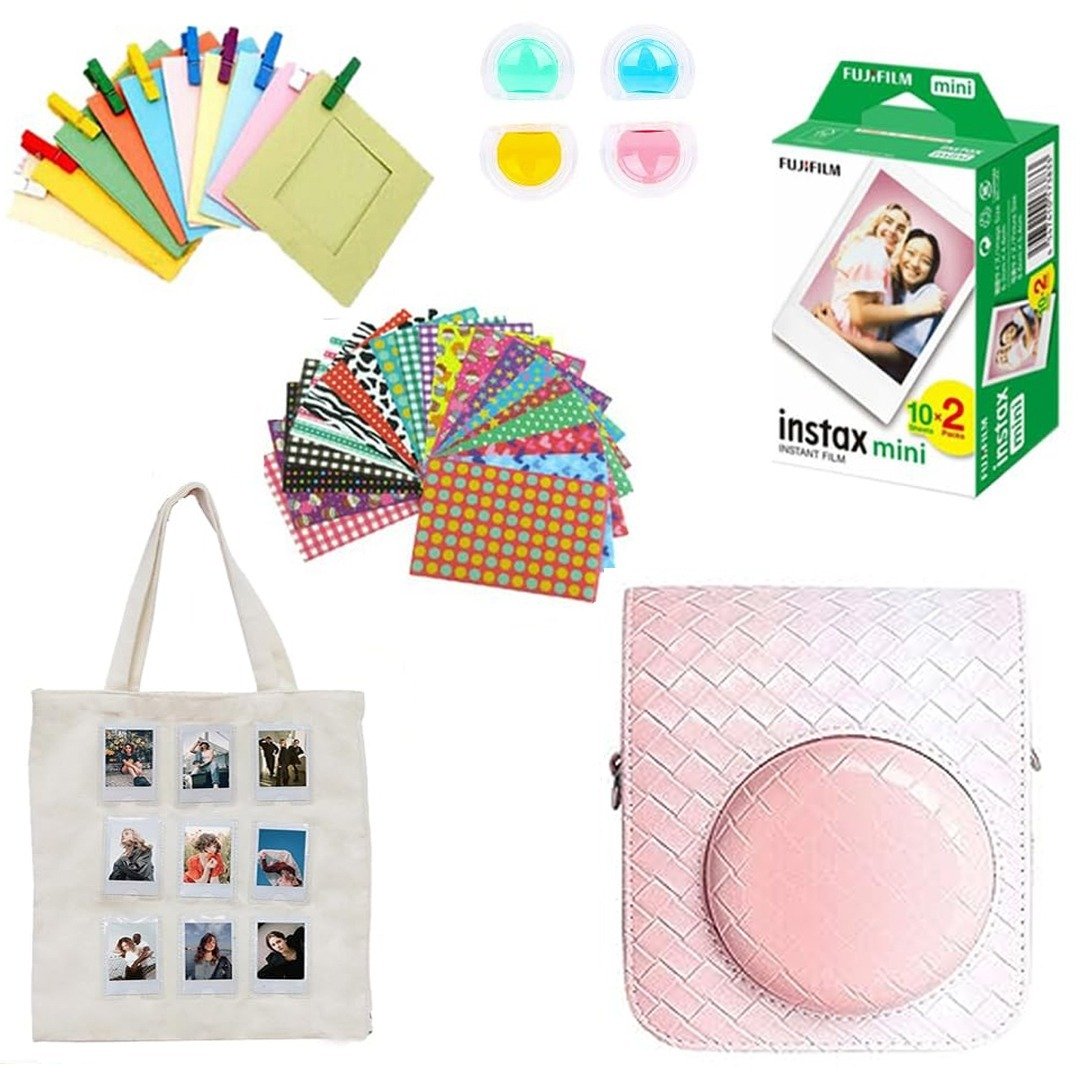 Accessories Bundle Pack - Camera Case for Instax Mini 12 ( Blossom Pink)+ 20 Film Shots + Photo Hanging Set + Photo Stickers Set + Photo Tote Bag + 4 Coloured Lens