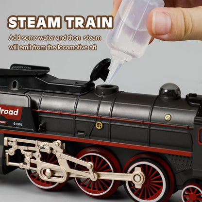 FENMING Battery Operated Steam Train Set with Smoke, Lights & 72-Inch Track Layout | Classic Railway Toy Train