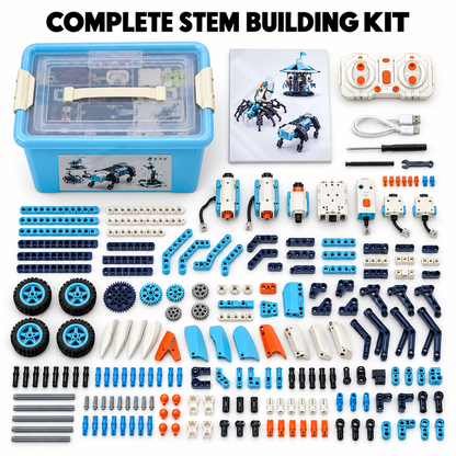 Multi-Model Remote-Controlled STEM Robotics Building Kit with Motors, Gears, Wheels, USB Charging Cable, Instruction Manual & Storage Box for Kids