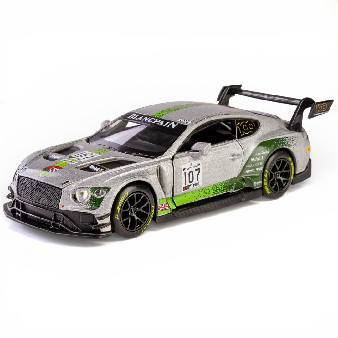RMZ Hobby 1:32 Bentley Continental GT3 Die-Cast Model Car – Silver with Openable Doors, Light & Sound (664998)