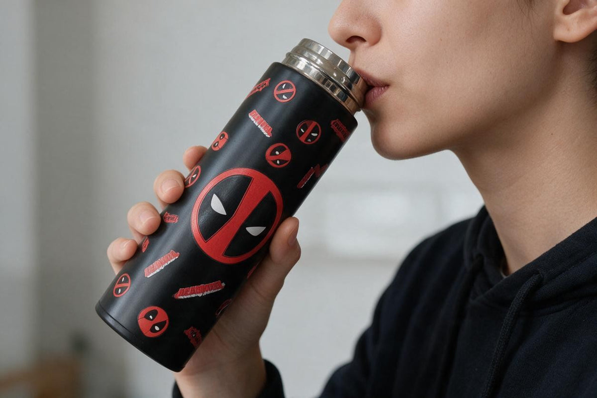 Deadpool 500ml Stainless Steel Thermos Water Bottle with LED Temperature Display & Tea Strainer | Hot & Cold Vacuum Flask