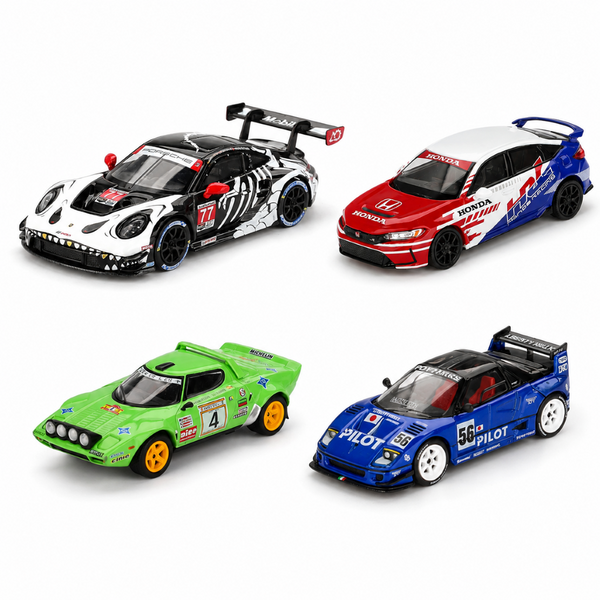 MINI GT 1:64 4-Car Die-Cast Model Set – Porsche 911 GT3 R Skeleton Rexy, Mazda AZ-1 LB40 PILOT, Lancia Stratos HF #4 & Honda Civic Type R HRC Pace Car