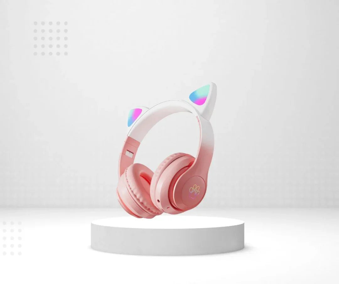 CAT STN-28 Pro Wireless Ear Headphones – Bluetooth HiFi Stereo Headset  with LED RGB Lights Mic (Pink)