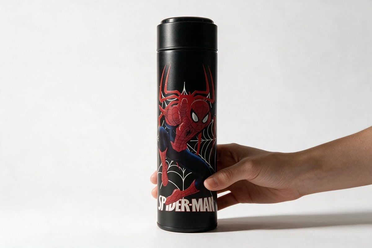 Spider-Man 500ml Stainless Steel Thermos Water Bottle with LED Temperature Display & Tea Strainer | Hot & Cold Vacuum Flask