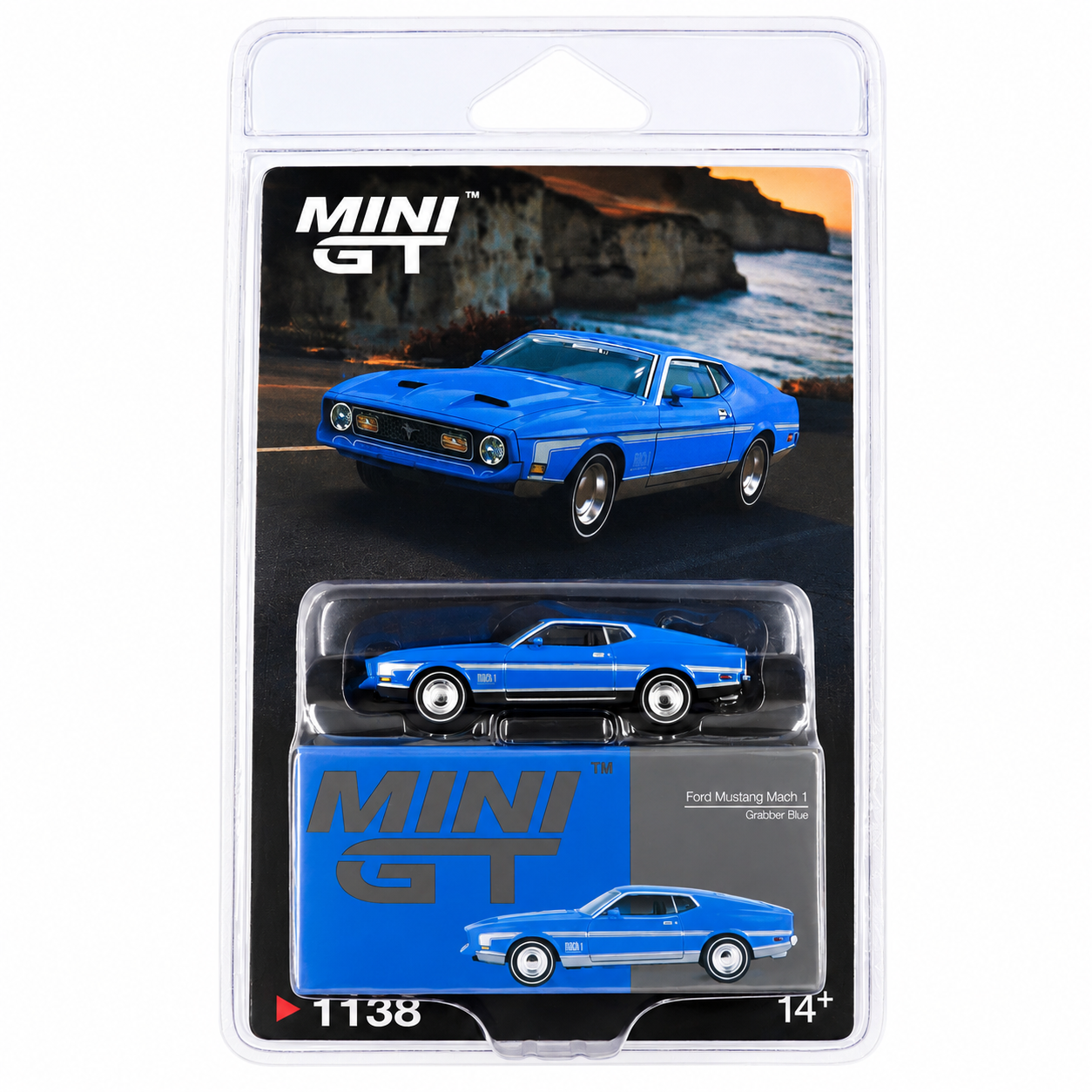 Mini GT 1:64 (Blister Pack) Ford Mustang Mach 1 Grabber Blue Die-Cast Model Car 1138 – Premium Collectible American Muscle Car