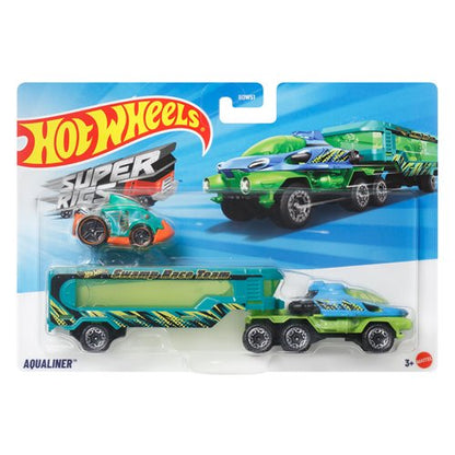 Hot Wheels 1:64 Scale Super Rigs 6-Set Bundle – Transporter Trucks with Matching Toy Vehicles, Ages 3+