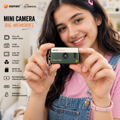 SAMEO Glamera Snap Box Mini Camera – 1 PC Random Design | 1080P Full HD Video, 12MP Photos, 7 Photo Filters, 0.96" IPS Display, Rechargeable Keychain Camera