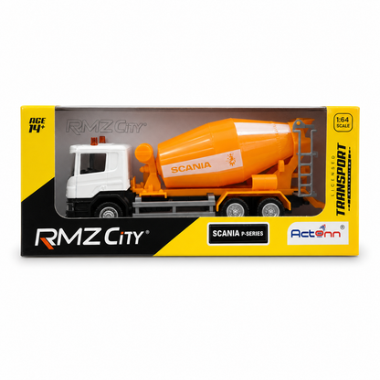 RMZ City 1:64 Scania P-Series Cement Mixer Truck Die-Cast Model – White & Orange