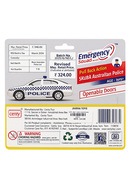 Centy Emergency Squad Skuba Australian Police Pull Back Toy Car with Openable Doors | Die-Cast Style Police Vehicle | Friction Powered | Ages 3+