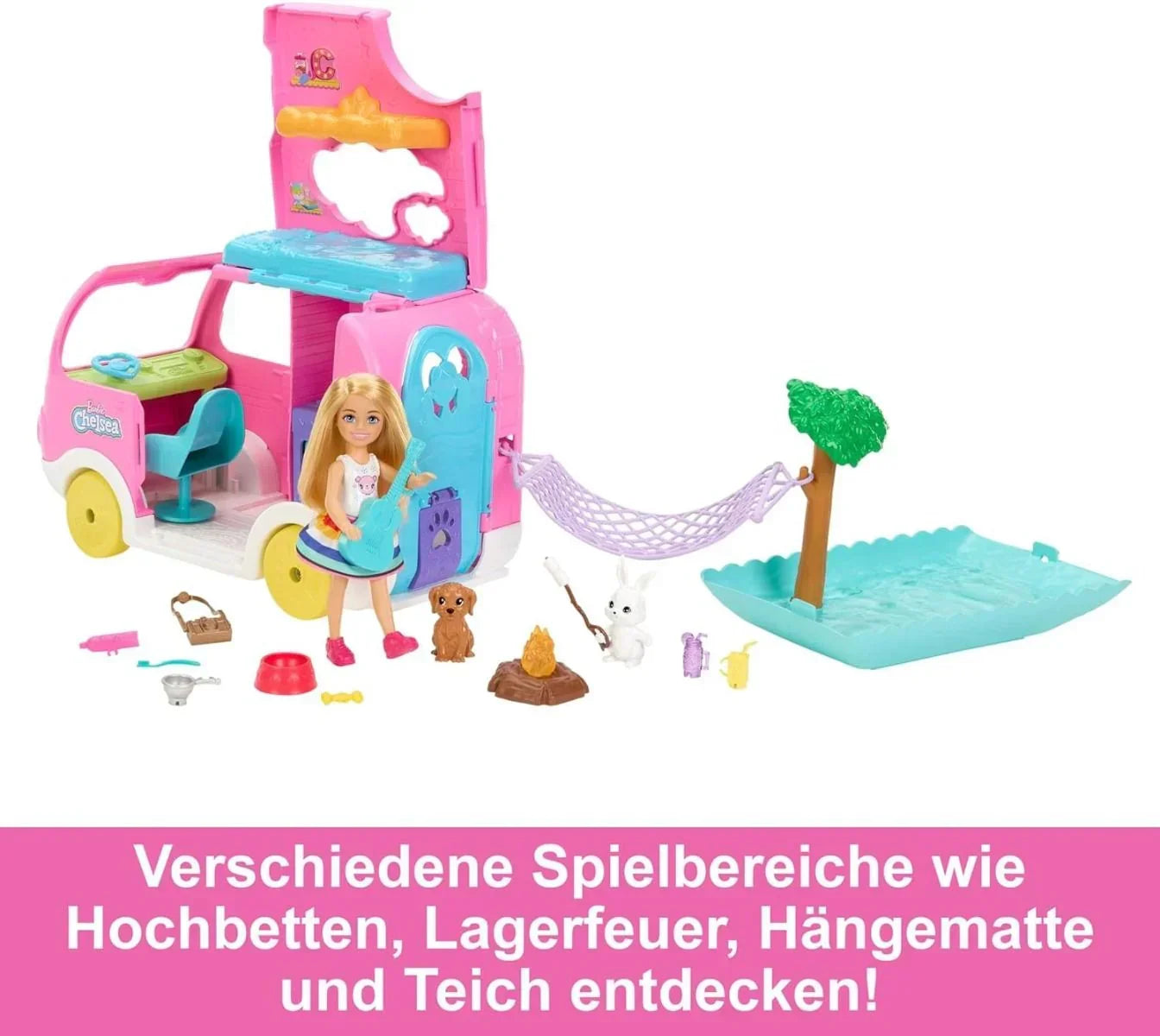 barbie camper hängematte Barbie® Camper, Chelsea™ 2-in-1 Playset with Small Doll, 2 Pets & 15 A – Jaiman Toys Geschlecht_Damen CAMPING LE DAUPHIN (Argelès-sur-Mer) Farbe:Frost Colors and decorations may