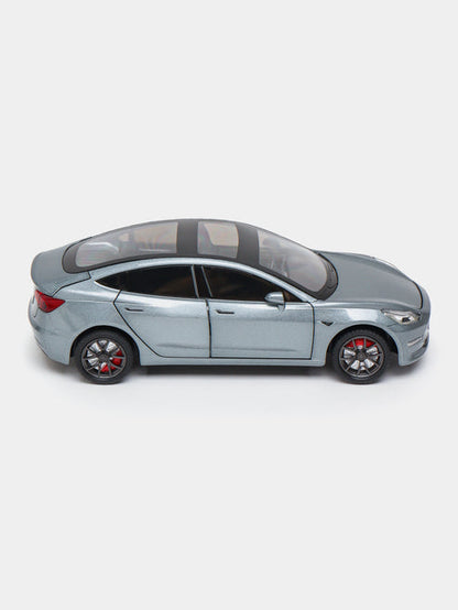 Joy Junction 1:24 Scale Tesla Model 3 Die-Cast Car Model with Sound & Light – Pull Back Metal Collectible Toy Car (Silver Grey)