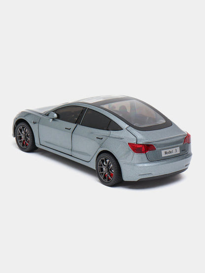 Joy Junction 1:24 Scale Tesla Model 3 Die-Cast Car Model with Sound & Light – Pull Back Metal Collectible Toy Car (Silver Grey)