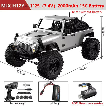 MJX R/C H12Y+ 1/12 Scale 4WD Brushless RC Rock Crawler | High-Torque 3650 BLDC Motor, Aluminium Body, All-Terrain Off-Road Remote Control Truck with 2.4GHz Radio System for Adults (Silver)