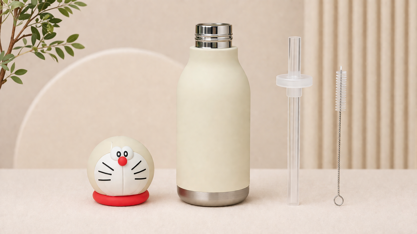 Afresh 365 Doraemon Character Head 450ml Insulated Stainless Steel Kids Water Bottle with Straw | 16oz Vacuum Flask With 2 Colour Variants
