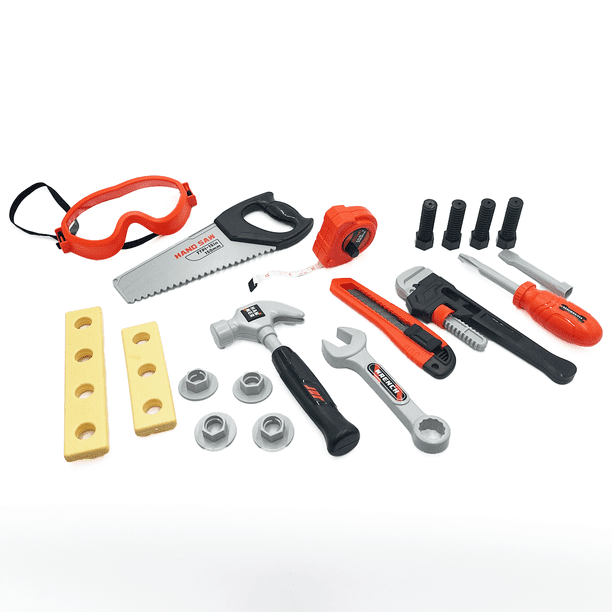Portable Tool Set with Carry Case – Kids Pretend Play Construction Tool Kit with Safety Goggles, Hammer, Saw & Accessories