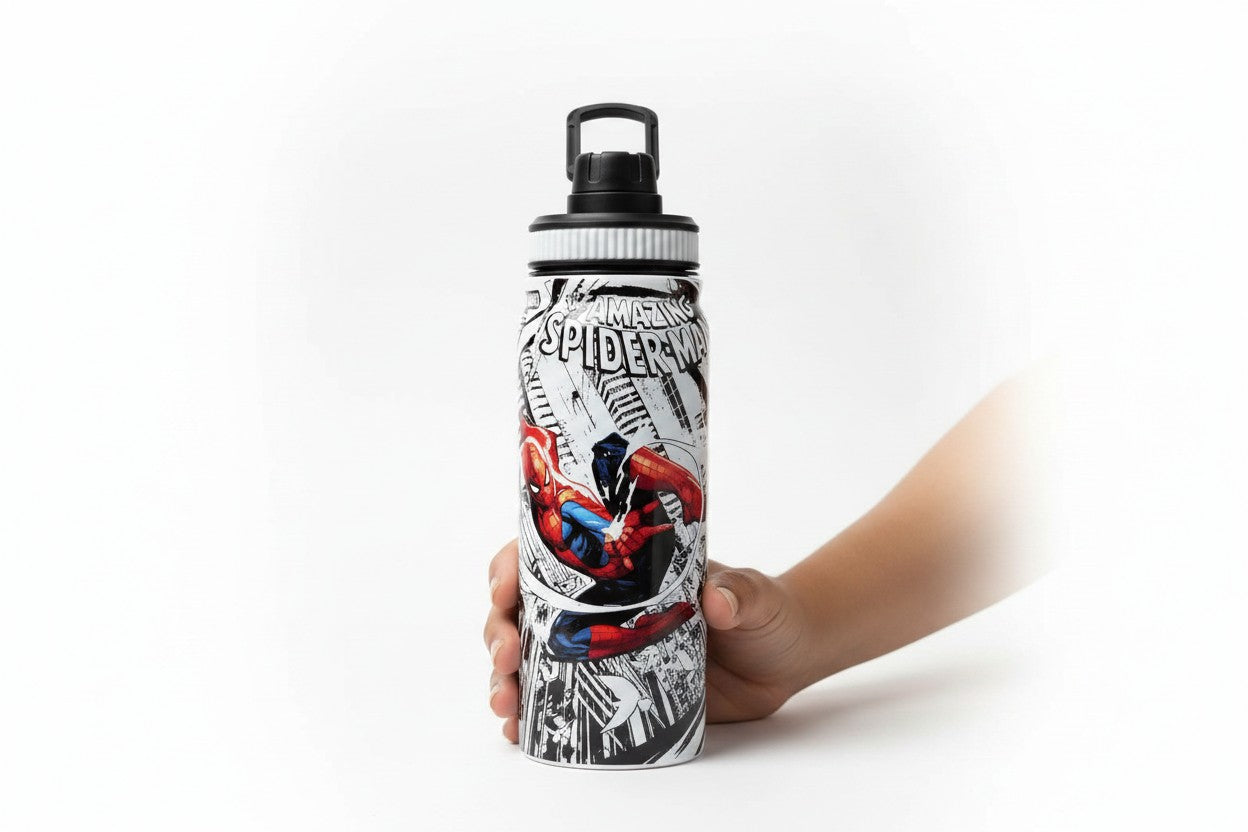 Spider-Man Web Swing 800ml Stainless Steel Water Bottle with Drinking Spout, Carry Handle & Removable Lid for Kids